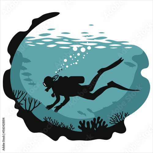 Silhouette of a scuba diver exploring an underwater scene./A stylized silhouette of a scuba diver descending into a serene underwater world.
