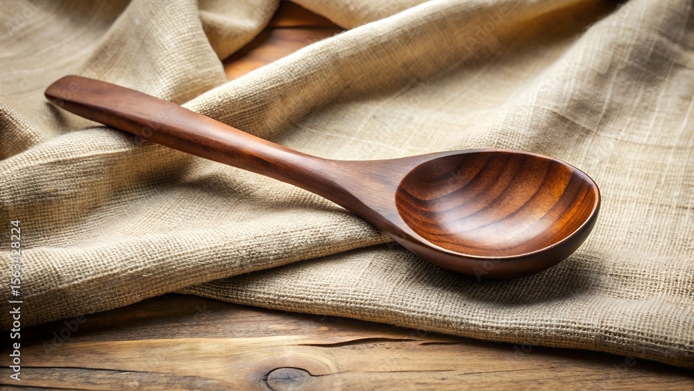 A wooden spoon rests on a rustic fabric, highlighting the natural grain and texture of the kitchen utensil on a wooden table A wooden spoon rests on a rustic fabric, highlighting the natural grain and texture of the kitchen utensil on a wooden table