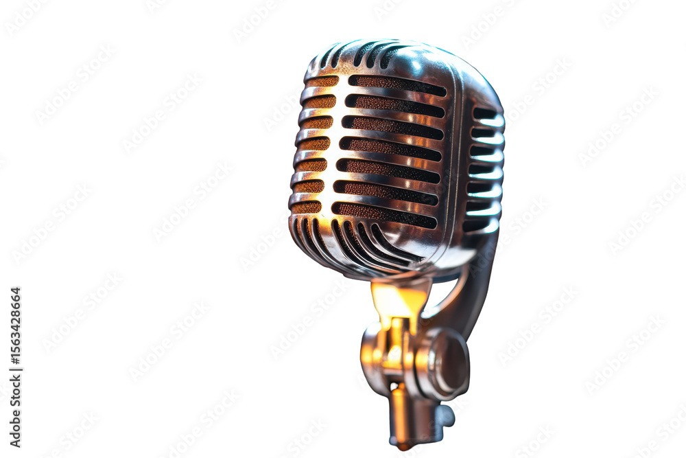 Fototapeta premium Vintage microphone on black background singing music recording studio isolated on a transparent background
