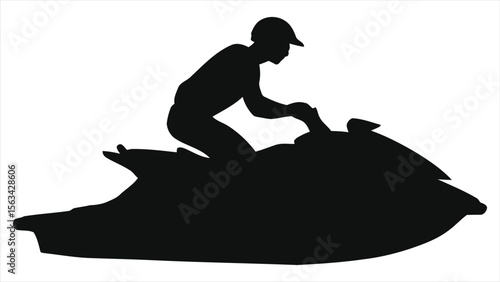 Silhouette of a person operating a jet ski/A simple, clean silhouette of a person operating a jet ski against a light blue background.