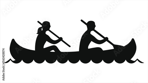 Minimalist Canoe Silhouette with Two Paddlers - Black Vector Icon