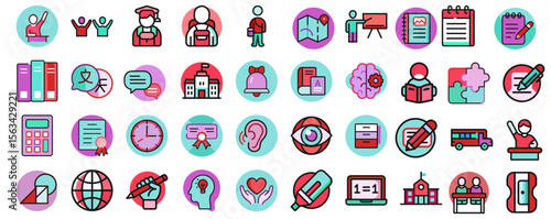 Collection of educational icons including students, books, communication bubbles, school building on colored backgrounds, copy space
