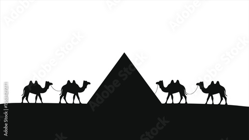 Silhouette of camels near a pyramid in a desert landscape./A simple, black silhouette image depicts a caravan of camels walking beside a large pyramid in a desert.