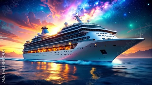A large cruise ship cuts through the water at sunset, with a vibrant, star-filled sky