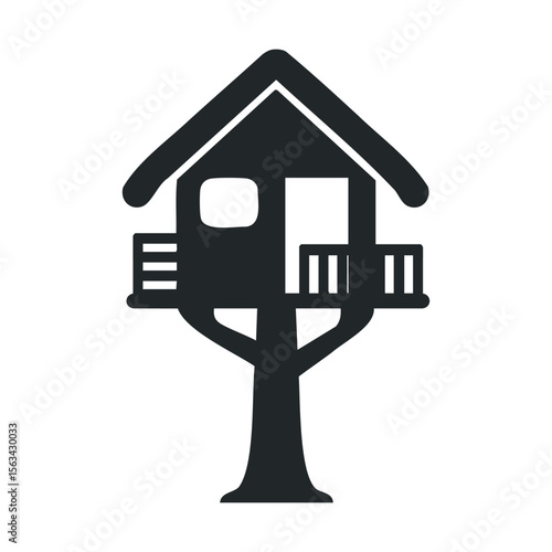 Silhouette of a treehouse on stilts with ladder and window