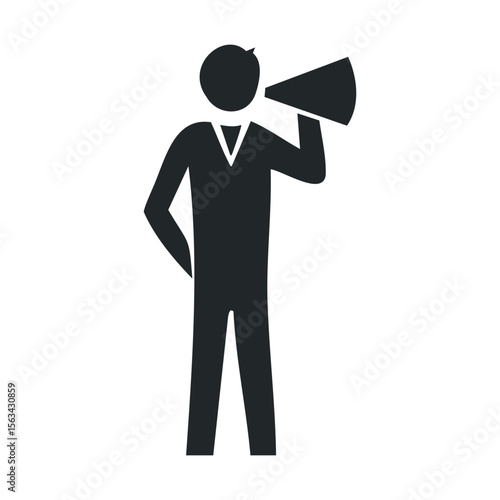 Silhouette of person with megaphone communicating message in black and white illustration