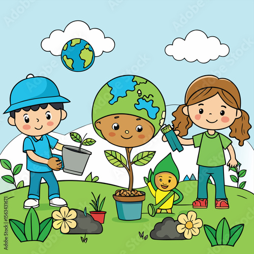 Adorable Doodle-Style Children Planting Trees A Celebration of Earth Day