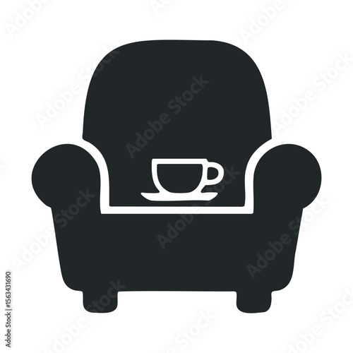 Silhouette of armchair with coffee cup illustration in black and white