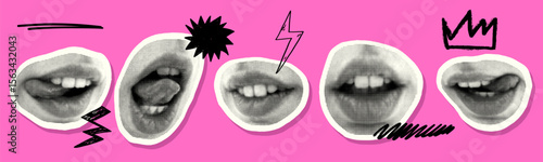 Halftone dot circle punk mouth cut out collage element isolated on white background. Woman girl avatars for mixed media decoration