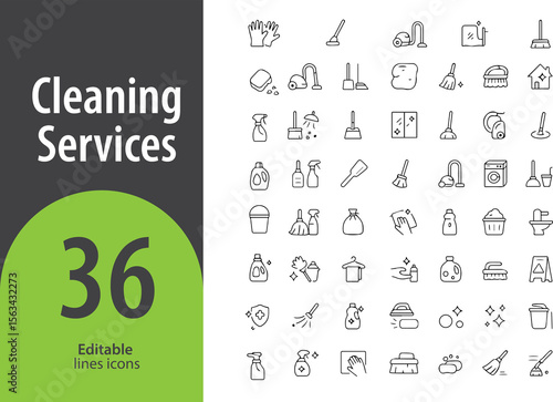 Cleaning Services Line Icons, Mop, Spray Bottle, Vacuum, Broom, Bucket, Editable Formats: AI, EPS, JPG, PNG, Ideal for Both Digital and Print Use
