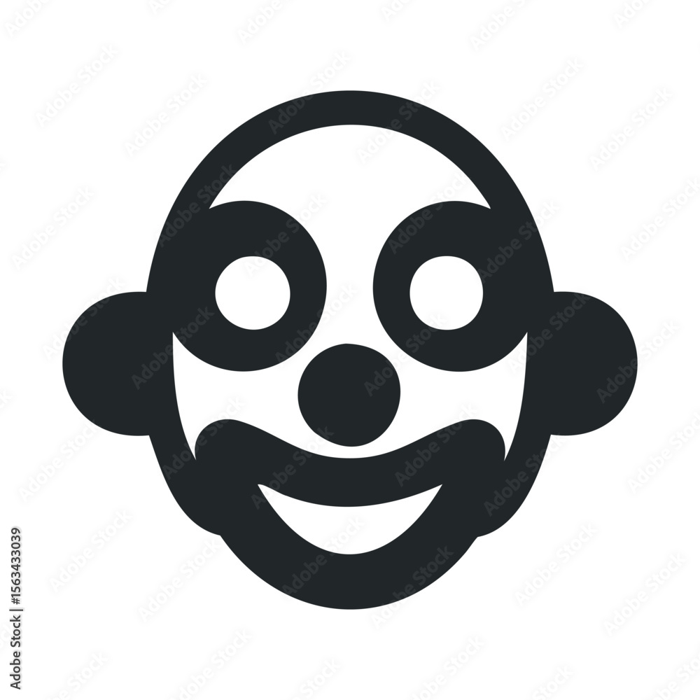 Fototapeta premium Simple black and white smiling clown face with big eyes and nose icon