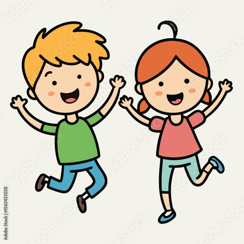 Happy Cartoon Doodle Kids Jumping and Playing Joyfully