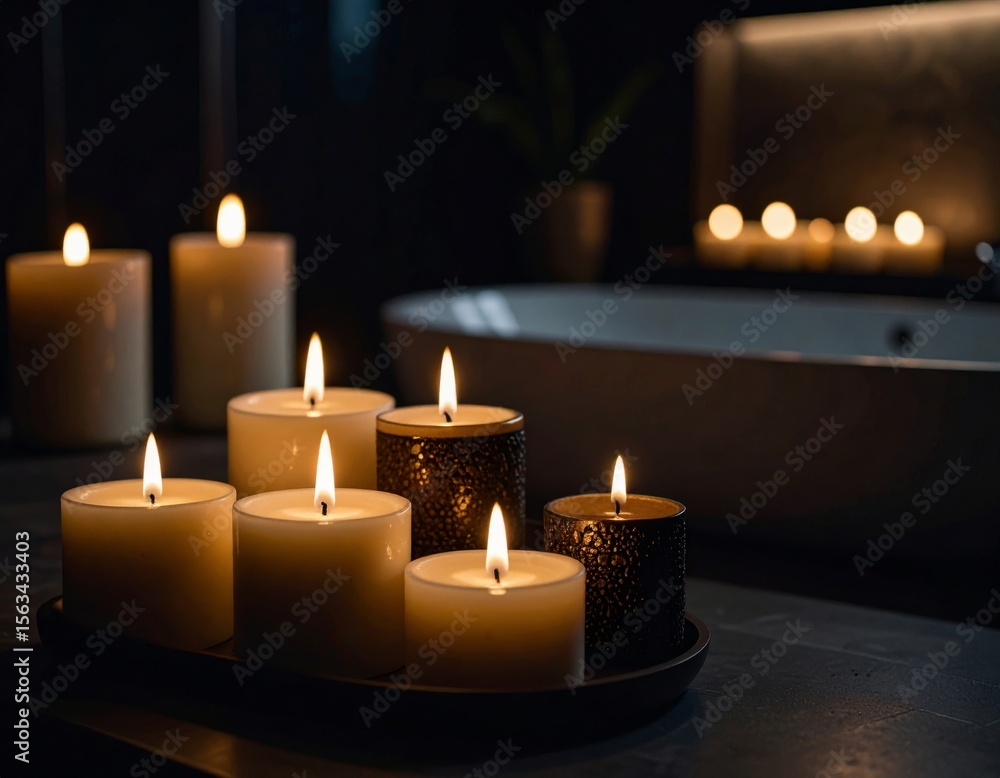 Close-up of lit candles in a calm, peaceful environment. Perfect for wellness, spa, meditation, aromatherapy, or relaxation concepts. AI Generated image Close-up of lit candles in a calm, peaceful environment. Perfect for wellness, spa, meditation, aromatherapy, or relaxation concepts. AI Generated image