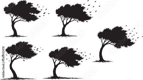 Tree Bending in Strong Wind Nature Silhouette vector illustration