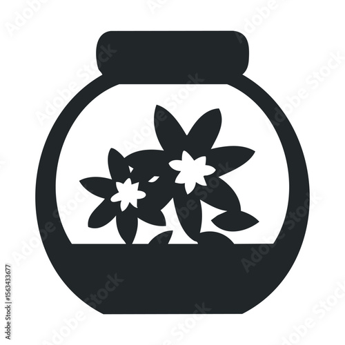 Monochrome fishbowl with blooming flowers silhouette art