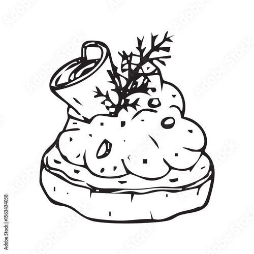Snack drawing, restaurant cuisine, menu decoration with the crouton and pate. Small party snack. Vector illustration.