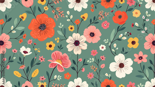 Seamless floral pattern with color blossom flowers and green leaf vector