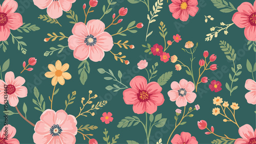 Seamless floral pattern with pink rose blossom flowers and green leaf vector design for vintage nature wallpaper or spring textile decoration art