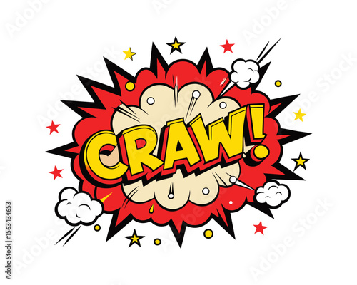 Retro comic book craw sound effect burst with stars and clouds vector illustration
