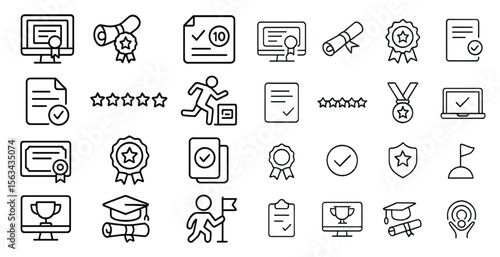 Collection of icons and symbols that represent various achievements and accomplishments. The icons include a graduation cap, a diploma, a trophy, a check mark, and a star. Scene is one of success