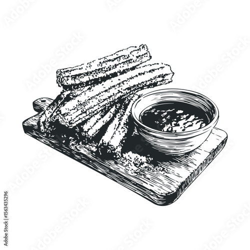 Churros and chocolate sauce on wooden board: delicious dessert sketch