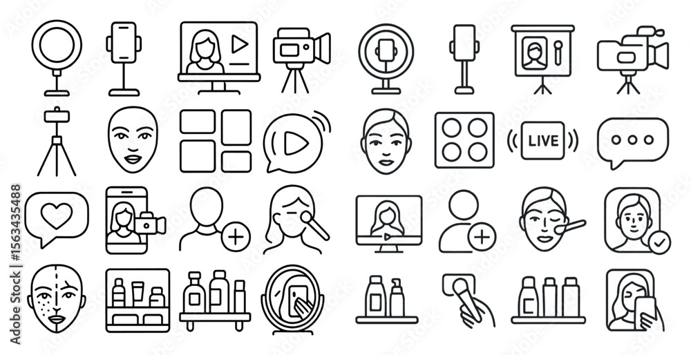 Collection of icons for various beauty and makeup products. The icons include a camera, makeup brushes, a mirror, and a cell phone. The icons are arranged in a grid, with some overlapping