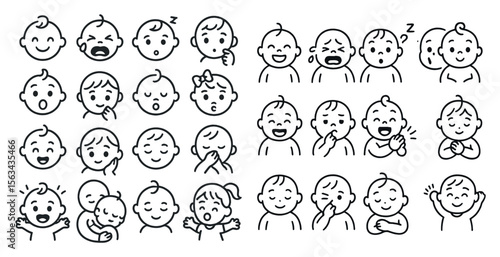 Collection of baby faces with different expressions. Some are smiling, some are crying, and some are just looking at the camera