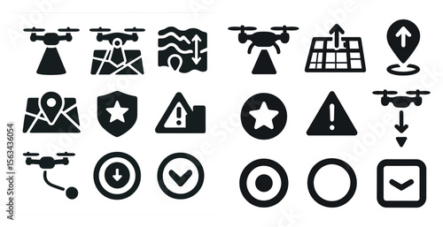 Set of icons for a drone app. The icons include a star, a down arrow, a check mark, a star, a down arrow, a star, a down arrow, a star, a down arrow, a star