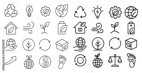 Collection of symbols and icons that represent various environmental concepts and ideas. The icons include a house, a light bulb, a box, a tree, a globe, a scale, and a person