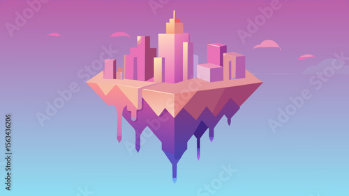 Futuristic floating city island with pink and purple skyscrapers over a gradient sky background