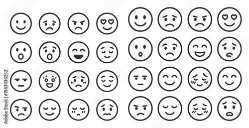 Collection of black and white faces with various expressions. The faces are arranged in rows and columns, with some overlapping. Scene is one of a wide range of emotions, from happiness to sadness