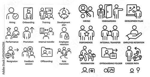 The image is a collection of icons that represent various aspects of the workplace. The icons include people, doors, and other symbols that represent different roles