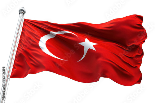 Turkish flag waving proudly on flagpole against black background, isolated on a transparent background