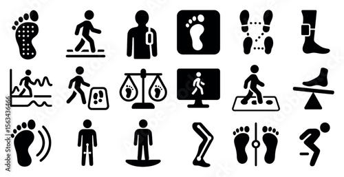 Collection of black and white icons depicting various activities and movements. The icons include a person walking, a person running, a person standing, and a person sitting