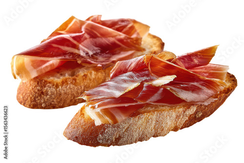 Delicious Jamon Tapas on Crusty Bread Two Slices isolated on a transparent background