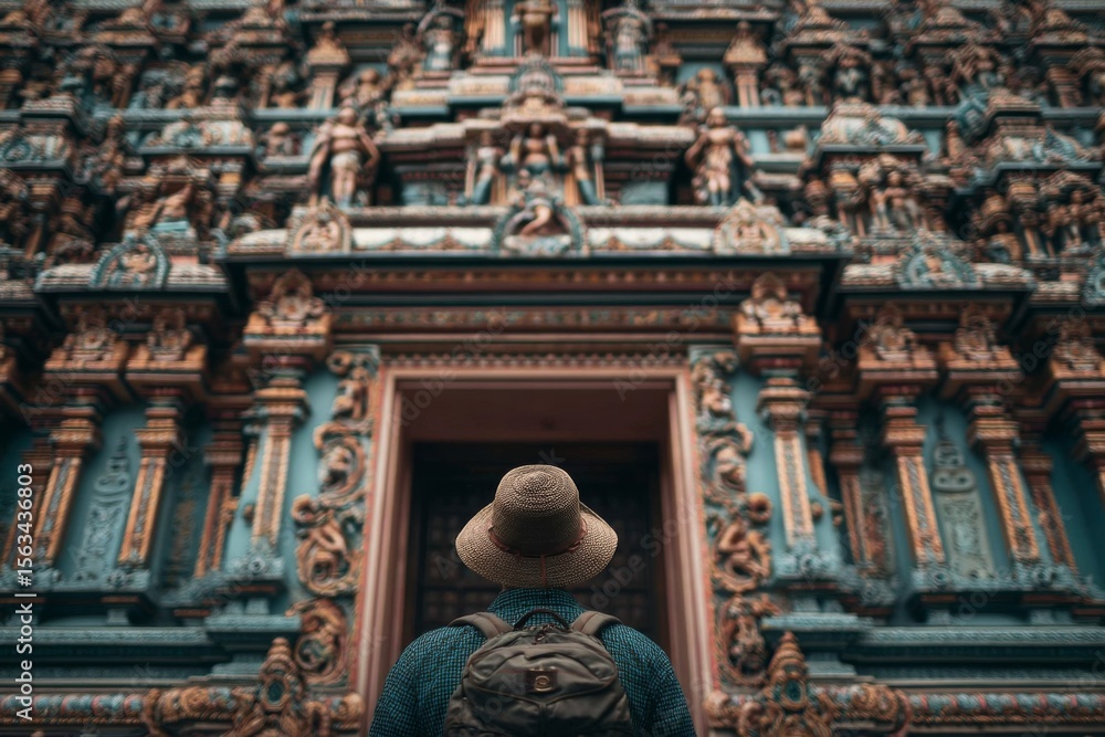 Obraz premium Person Viewing Ornate Teal Temple Architecture