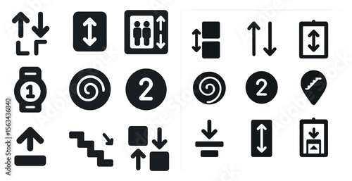Collection of icons for elevators, stairs, and other building features. The icons are all black and white