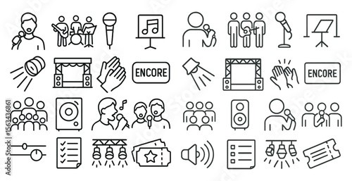 Series of icons for a concert or music event. The icons include microphones, speakers, and people. Scene is energetic and lively, with the focus on music and performance