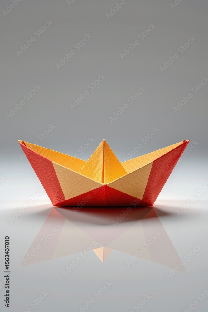 Fototapeta premium Colorful Origami Paper Boat on Smooth Surface with Reflection in Studio Lighting