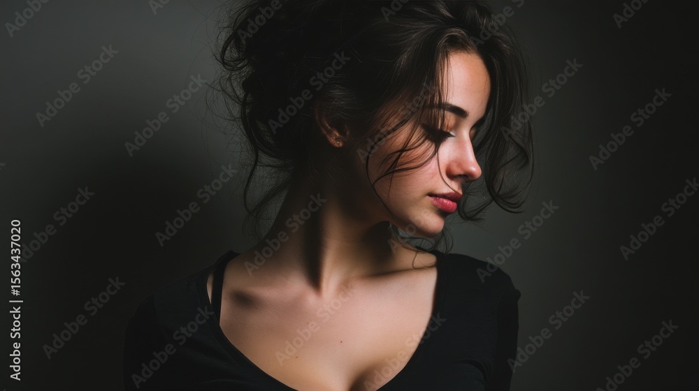 Woman with dark hair and closed eyes looking downward against a dark background Woman with dark hair and closed eyes looking downward against a dark background