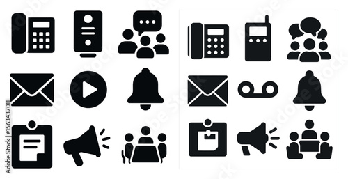 Collection of icons for various communication devices, such as phones, telephones, and cell phones. The icons are all black and white, and they include a phone, a cell phone, a landline phone
