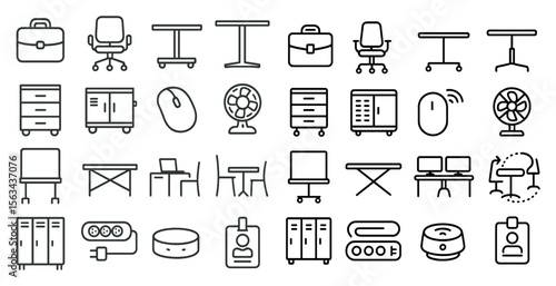 Collection of office furniture and accessories, including chairs, desks, and a computer mouse. Concept of productivity and organization, with the various items arranged in a neat and orderly manner