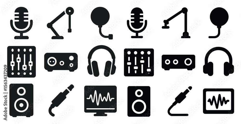Obraz premium Collection of audio equipment icons, including microphones, headphones, and speakers. Concept of creativity and the importance of sound in various settings