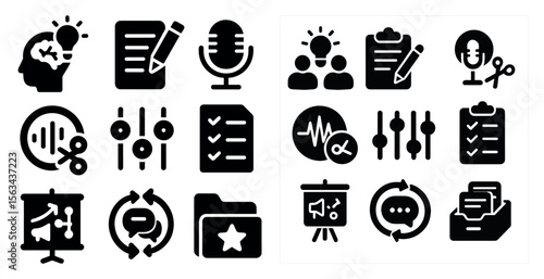 Set of icons for various tasks and activities. The icons include a microphone, a pair of scissors, a clipboard, a pen, a paper, a computer, a projector, a book, a person