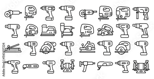 Collection of various power tools, including drills, saws, and screwdrivers. The image is in black and white and has a minimalist feel