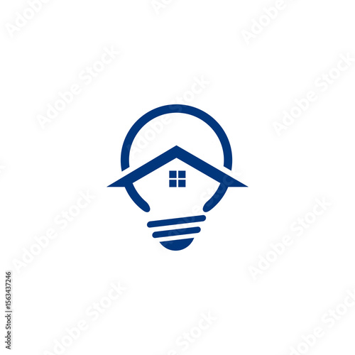 Minimalist Blue House-Shaped Lightbulb Logo with Square Window Detail