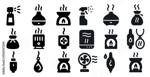 Collection of black and white icons for home appliances and accessories. The icons include a bottle, a fan, a candle, a diffuser, and a bottle of perfume