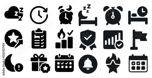 Collection of black and white icons that represent different aspects of daily life, such as sleep, work, and personal goals