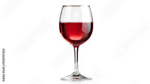 A single wine glass filled with red wine isolated on a white background.