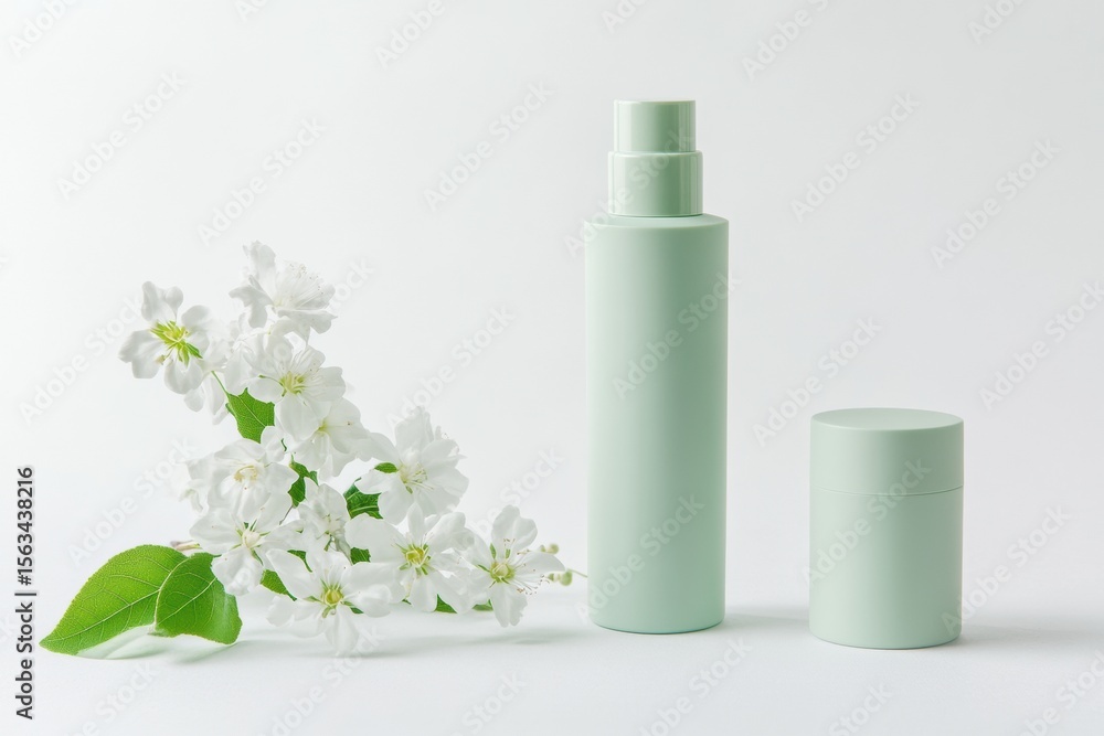 Blank cream tube, jar package plastic set. Pale mint green colors. Skin care luxurious portable on white background, soft shadow. Eco cosmetic containers, flowers. Beauty product modern packaging. Blank cream tube, jar package plastic set. Pale mint green colors. Skin care luxurious portable on white background, soft shadow. Eco cosmetic containers, flowers. Beauty product modern packaging.